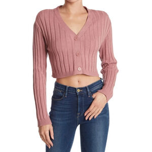 Abound Rib Knit Cropped Cardigan Sweater Dusty Rose Pink Medium NWT